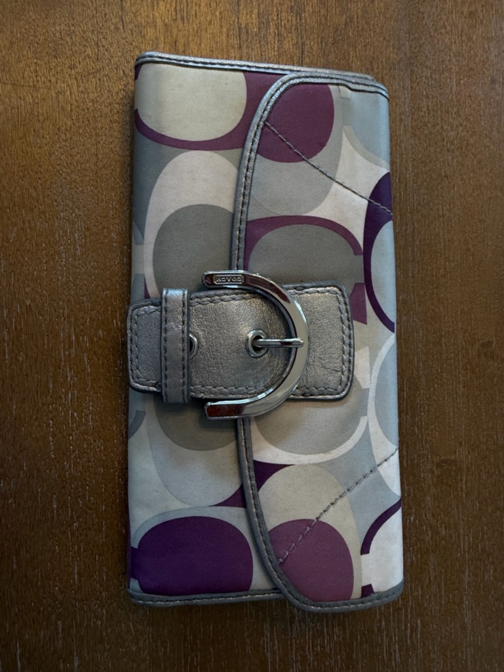 Coach Signature Jacquard Buckle Flap Wallet Purple Grey Silver Metallic Leather